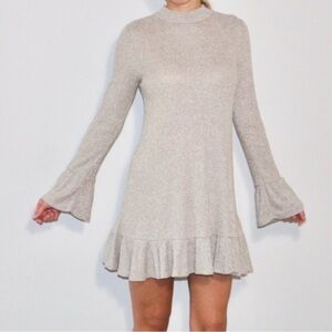 Express Gray Ruffled Bell Sleeve Dress